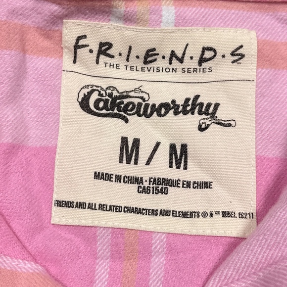 Cakeworthy x Friends Chandler Pink White Plaid Flannel Button Shirt Mens Medium - Picture 7 of 8